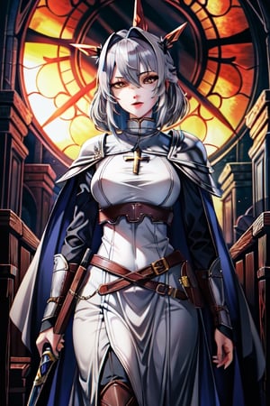 Similar to baldurs gate portraits, young, Dual wielding, mage hunter, Gray hair, medieval church, templar armor, night, right eye orange, left eye blue, medium hair,nodf_lora,r1ge,milfication