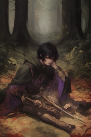 Young, black hair, short hair, purple eyes, black clothes, male, medieval clothes, Forest background