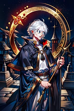 (Similar to baldurs gate portraits)Male, young, white hair, medium hair, red eyes, white skin, black clothes, mage, one staff, medieval background, night,nodf_lora