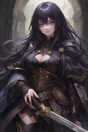 Young, black hair, purple eyes, black clothes, two-handed sword 