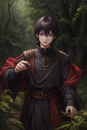 Young, black hair, short hair, purple eyes, black clothes, male, medieval clothes, Forest background