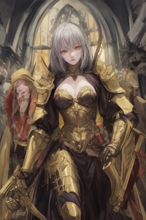 Young, medium_hair, Gray hair, yellow eyes, Golden clothes, templar armor, medieval church,milfication, dual_wielding 