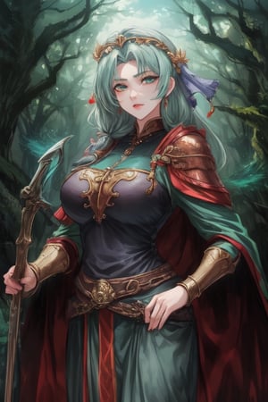 Young, emerald_eyes, emerald clothes, light armor, medieval Forest,milfication, bow,mature female