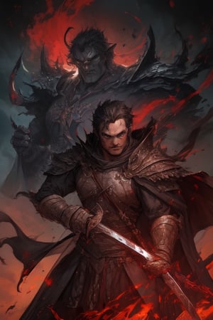 (Similar to baldurs gate portraits)Male, young, half-orc, demiorc, strong, two handed sword, greatsword, Berserk, medieval background, black suit, medieval clothes, midnight, fury, blood ,Pectoral Focus,r1ge