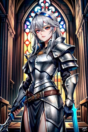 Similar to baldurs gate portraits, young, Dual wielding, mage hunter, Gray hair, medieval church, templar armor, night, right eye orange, left eye blue, medium hair,nodf_lora,r1ge