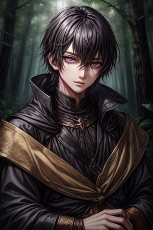 Young, black hair, short hair, purple eyes, black clothes, male, medieval clothes, Forest background