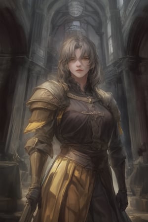 Young, medium_hair, Gray hair, yellow eyes, Golden clothes, templar armor, medieval church,milfication, dual_wielding 