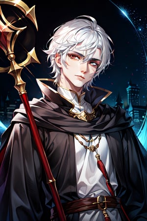 (Similar to baldurs gate portraits)Male, young, white hair, medium hair, red eyes, white skin, black clothes, mage, one staff, medieval background, night,nodf_lora