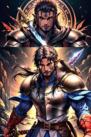 (Similar to baldurs gate portraits)Male, youn, half-orc, demiorc, strong, two handed sword, bug sword, Berserk, Warrior, medieval background, medieval clothes, midnight