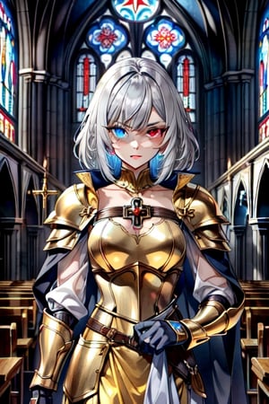 Young, medium_hair, Gray hair, heterochromia, Golden clothes, templar armor, medieval church