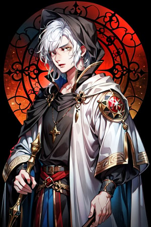 (Similar to baldurs gate portraits)Male, young, white hair, medium hair, red eyes, white skin, black clothes, mage, one staff, medieval background, night,nodf_lora