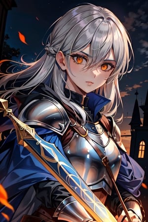 Similar to baldurs gate portraits, young, strong, Dual wielding, mage hunter, Gray hair, medieval background, medieval city, medieval armor, night, right eye orange, left eye blue, medium hair,nodf_lora,r1ge