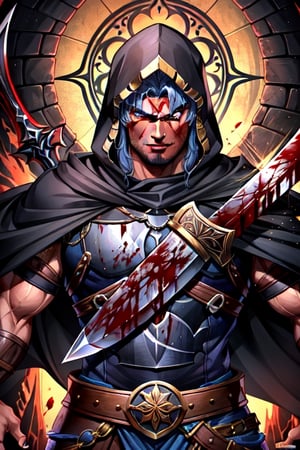 (Similar to baldurs gate portraits)Male, youn, half-orc, strong, big sword, Berserk, guts, medieval background, black hood, midnight, fury, blood 