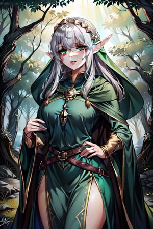 nodf_lora, elve, bow, medieval Forest, medieval clothes, emerald_eyes, green cape,milfication,elfmyst