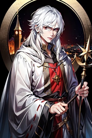 (Similar to baldurs gate portraits)Male, young, white hair, medium hair, red eyes, white skin, black clothes, mage, one staff, medieval background, night,nodf_lora