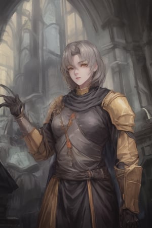 Young, medium_hair, Gray hair, yellow eyes, Golden clothes, templar armor, medieval church,milfication