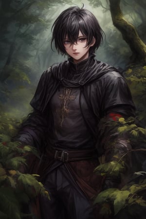 Young, black hair, short hair, purple eyes, black clothes, male, medieval clothes, Forest background