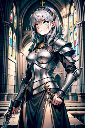 Similar to baldurs gate portraits, young, Dual wielding, mage hunter, Gray hair, medieval church, templar armor, night, yellow eyes, medium hair,nodf_lora