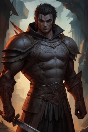 (Similar to baldurs gate portraits)Male, young, half-orc, demiorc, strong, two handed sword, greatsword, Berserk, medieval background, black suit, medieval clothes, midnight, fury, blood ,Pectoral Focus,r1ge