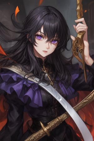 Young, black hair, purple eyes, black clothes, two-handed sword 