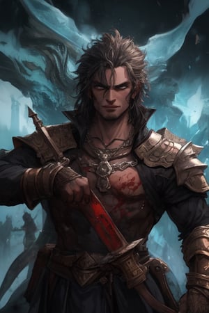 (Similar to baldurs gate portraits)Male, young, half-orc, demiorc, strong, two handed sword, greatsword, Berserk, medieval background, black suit, medieval clothes, midnight, fury, blood ,Pectoral Focus,r1ge