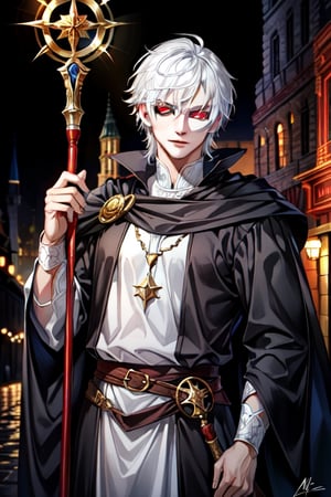 (Similar to baldurs gate portraits)Male, young, white hair, medium hair, red eyes, white skin, black clothes, mage, one staff, medieval background, night