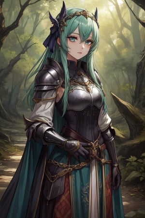 Young, emerald_eyes, emerald clothes, light armor, medieval Forest,milfication, bow