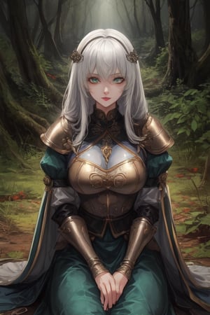 Young, emerald_eyes, emerald clothes, light armor, medieval Forest,milfication, bow,mature female