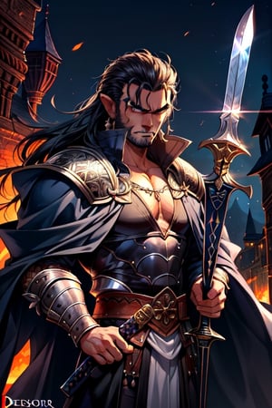 (Similar to baldurs gate portraits)Male, youn, half-orc, demiorc, strong, two handed sword, bug sword, Berserk, Warrior, medieval background, medieval clothes, midnight, serious,Pectoral Focus,r1ge