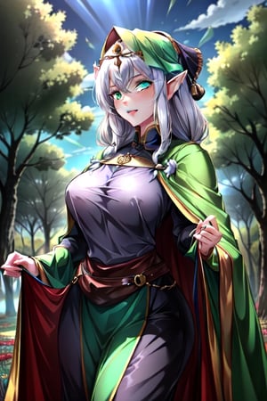 nodf_lora, elve, bow, medieval Forest, medieval clothes, emerald_eyes, green cape,milfication