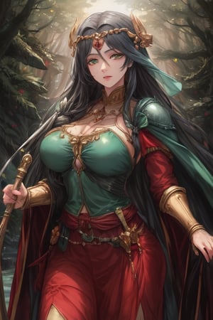 Young, emerald_eyes, emerald clothes, light armor, medieval Forest,milfication, holding a bow,mature female