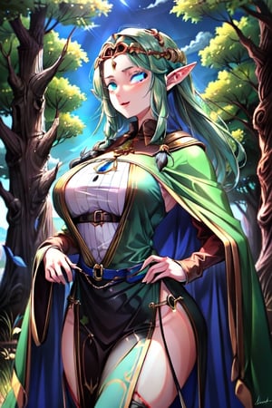 nodf_lora, elve, bow, medieval Forest, medieval clothes, emerald_eyes, green cape,milfication