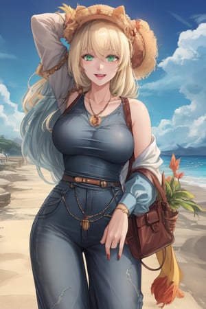 Blonde, joyfully, happy, casual outfit, beach background, long hair, cute, smart, humble, generous, compasive, blue dyed tips, Jewelry, green eyes, pretty, tall