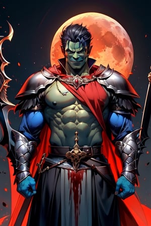 nodf_lora, half orc, greatsword, medieval background, medieval armor, blood moon,r1ge,Pectoral Focus