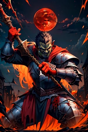 (Similar to baldurs gate portraits), young, half-orc, demiorc, strong, greatsword, Berserk, Warrior, medieval background, medieval city, medieval armor, night, fighting_stance, blood-stained_clothes, blood-moon