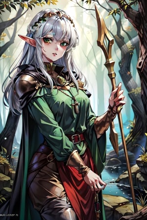 nodf_lora, elve, longbow, medieval Forest, medieval clothes, emerald_eyes, green cape,milfication,elfmyst