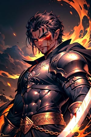 (Similar to baldurs gate portraits)Male, youn, half-orc, demiorc, strong, two handed sword, bug sword, Berserk, Warrior, medieval background, black suit, medieval clothes, midnight, fury, blood ,Pectoral Focus,r1ge