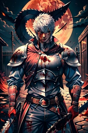 (Similar to baldurs gate portraits)Male, youn, demiorc, strong, greatsword, Berserk, Warrior, medieval background, medieval clothes, night, fighting_stance, blood-stained_clothes, blood-moon, fury, makima (chainsaw man)