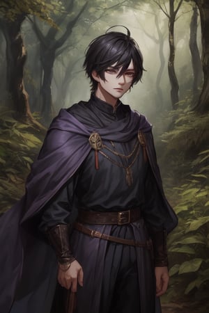 Young, black hair, short hair, purple eyes, black clothes, male, medieval clothes, Forest background