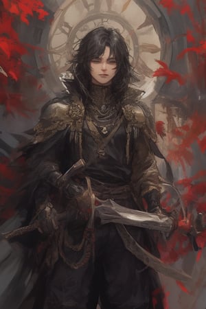 Young, black hair, purple eyes, black clothes, two-handed sword, male