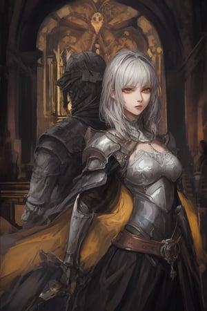 Young, medium_hair, Gray hair, yellow eyes, Golden clothes, templar armor, medieval church,milfication, dual_wielding 