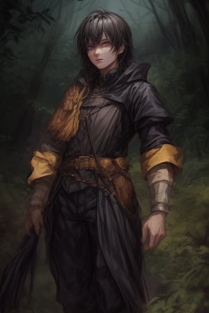 Young, black hair, short hair, purple eyes, black clothes, male, medieval clothes, Forest background