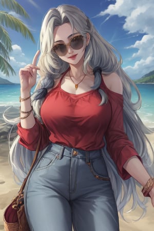 Blonde, joyfully, happy, casual outfit, beach background, sunglasses, long hair, pretty, smart, humble, generous, compasive, blue tainted hair. Jewelry 