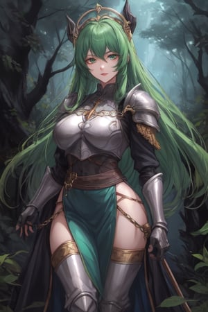 Young, emerald_eyes, emerald clothes, light armor, medieval Forest,milfication, bow,mature female