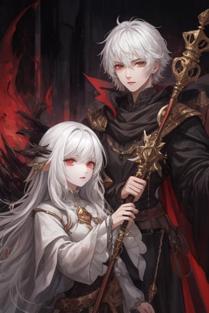 (Similar to baldurs gate portraits)Male, young, white hair, medium hair, red eyes, white skin, black clothes, mage, one staff, medieval background, night,nodf_lora