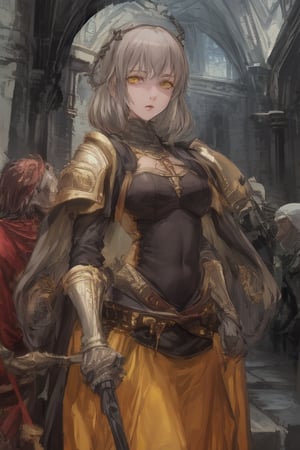 Young, medium_hair, Gray hair, yellow eyes, Golden clothes, templar armor, medieval church,milfication, dual_wielding 