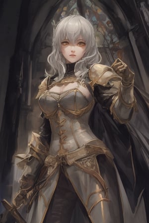 Young, medium_hair, Gray hair, yellow eyes, Golden clothes, templar armor, medieval church,milfication, dual_wielding ,nodf_lora,mature female