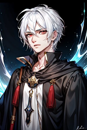 (Similar to baldurs gate portraits)Male, young, white hair, medium hair, red eyes, white skin, black clothes, mage, one staff, medieval background, night,nodf_lora