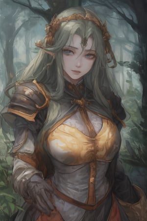 Young, emerald_eyes, emerald clothes, light armor, medieval Forest,milfication, bow,mature female