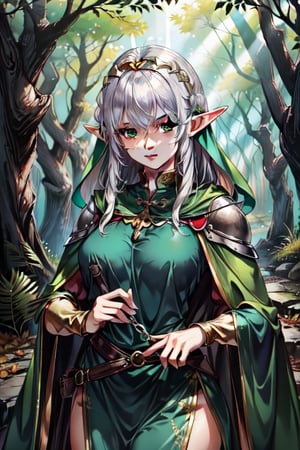 nodf_lora, elve, bow, medieval Forest, medieval clothes, emerald_eyes, green cape,milfication,elfmyst